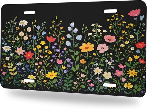 Flower Front License Plate Colorful Wildflower Black Botanical Car Decorative License Plates Aluminum Metal Accessory Novelty Vanity Tag Cover with 4 Holes for Men Women 6" X 12" in Kuwait