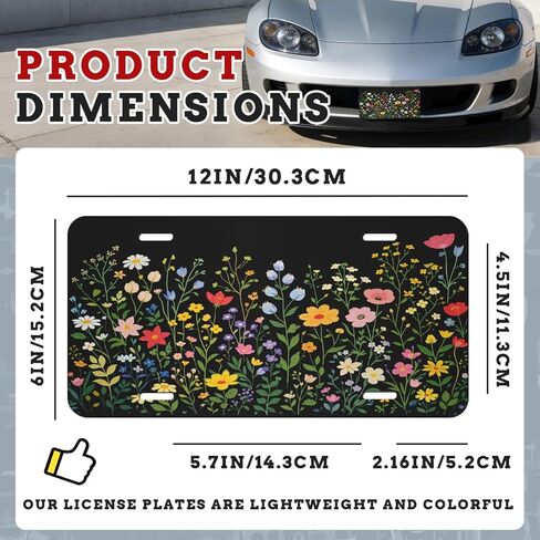Flower Front License Plate Colorful Wildflower Black Botanical Car Decorative License Plates Aluminum Metal Accessory Novelty Vanity Tag Cover with 4 Holes for Men Women 6" X 12" in Kuwait
