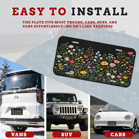 Flower Front License Plate Colorful Wildflower Black Botanical Car Decorative License Plates Aluminum Metal Accessory Novelty Vanity Tag Cover with 4 Holes for Men Women 6" X 12" in Kuwait