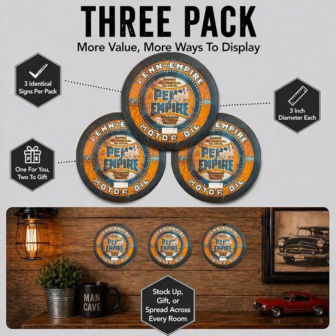 Penn-Empire Motor Oil Empire Motor Works Oil City Pennsylvania Petroleum Products Reproduction Car Company Garage Signs Metal Vintage Style Decor Metal Tin Aluminum Round Sign Home Decor 3" 3 Pack in Saudi Arabia
