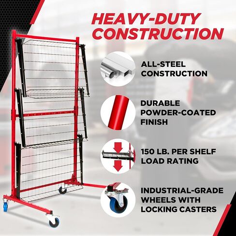 CHAMP Parts Caddy Pro™ Auto Body Parts Rack Option 1 with Wheels, All-Steel Cart for Repair Shops and Garages, Locking Casters, 150 lb Capacity Per Shelf, Adjustable Shelves, Powder Coated - Red in Saudi Arabia