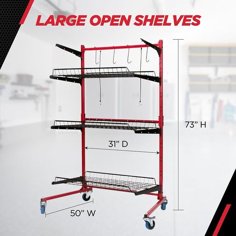 CHAMP Parts Caddy Pro™ Auto Body Parts Rack Option 1 with Wheels, All-Steel Cart for Repair Shops and Garages, Locking Casters, 150 lb Capacity Per Shelf, Adjustable Shelves, Powder Coated - Red in Saudi Arabia