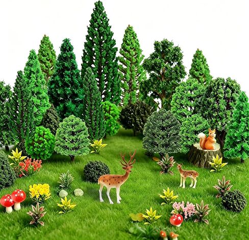 38pcs Model Trees Mixed Model Plants Flower Cluster Railroad Scenery Diorama Tree Fake Moss Mini Deers Squirrel Mushrooms for DIY Crafts Landscape Train Railroad Decorations Supplies in Saudi Arabia
