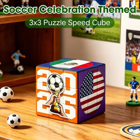 2026 North America Soccer Theme 3x3 Speed Cube - Football Sports Tournament Celebration Brain Puzzle Toy, Commemorative Keepsake for Soccer Fans, USA Canada Mexico Stadium Souvenir in Saudi Arabia