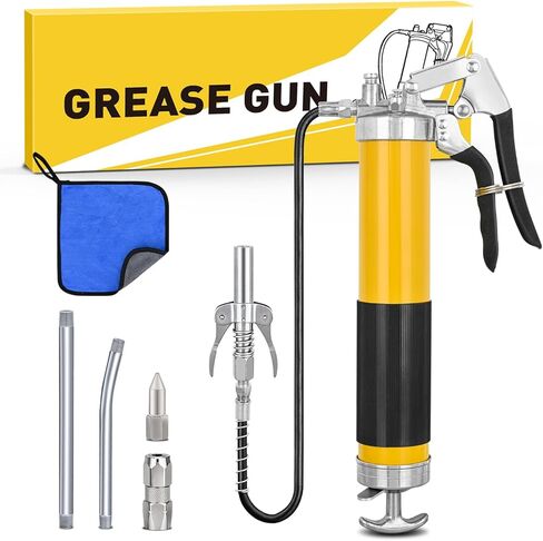 GOOACC Pneumatic Grease Gun 6000 PSI 14oz Heavy Duty Air Operated Grease Gun Kit with 18" Spring Flex Hose Rigid Pipe Coupler Pistol Grip Grease Guns for Automotive Farm Industrial Marine, Yellow 6PCS in Kuwait
