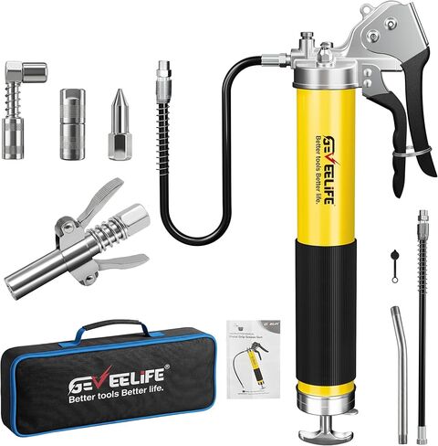 GEVEELIFE Grease Gun Kit,10000 PSI Heavy Duty Pistol Grip Grease Gun with 14 oz Capacity,2×18 Inch Resin Flex Hoses,4 Versatle Couplers,Extension Rigid Pipe,Suitable for Automotive, Marine，Machine in Saudi Arabia