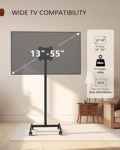 Afaloona Rolling TV Stand for 13-55 Inch TVs up to 44 lbs, Mobile TV Stand on Wheels with Tilt, Portrait to Landscape, Portable TV Cart with Wheels for Bedroom, Office, Outdoor, Max VESA 200×200mm in Saudi Arabia
