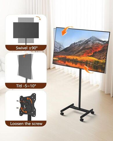 Afaloona Rolling TV Stand for 13-55 Inch TVs up to 44 lbs, Mobile TV Stand on Wheels with Tilt, Portrait to Landscape, Portable TV Cart with Wheels for Bedroom, Office, Outdoor, Max VESA 200×200mm in Saudi Arabia