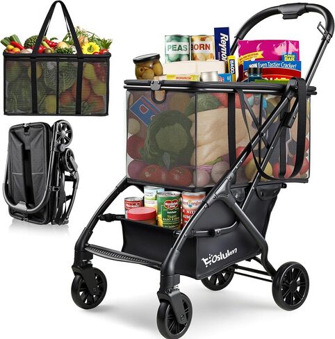 Folding Shopping Cart with Wheels, 75lbs Multi Use Grocery Carts with 360° Wheels & Removable Tote Bag, Multifunctional Portable Personal Shopping Carts for Groceries (30 Gallon) in Saudi Arabia
