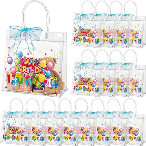 Henoyso 24 Pcs Clear Happy Birthday Gift Bags Plastic Goodie Candy Treat Bags PVC Party Favor Totes with Handles 7.8 x 7.8 x 3.1 Gift Wrap Totes in Saudi Arabia