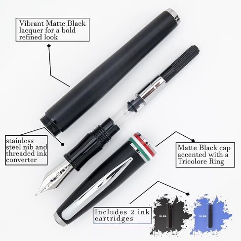 Monteverde USA Aldo Domani Italia Fountain Pen Matte Black – Medium Nib – Free Ink Bottle, Converter & Cartridges – JoWo German Nib – Gift-Boxed Executive Pen in Kuwait