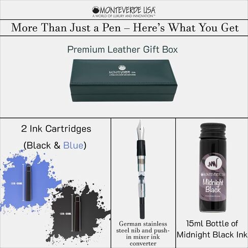 Monteverde USA Aldo Domani Italia Fountain Pen Matte Black – Medium Nib – Free Ink Bottle, Converter & Cartridges – JoWo German Nib – Gift-Boxed Executive Pen in Kuwait