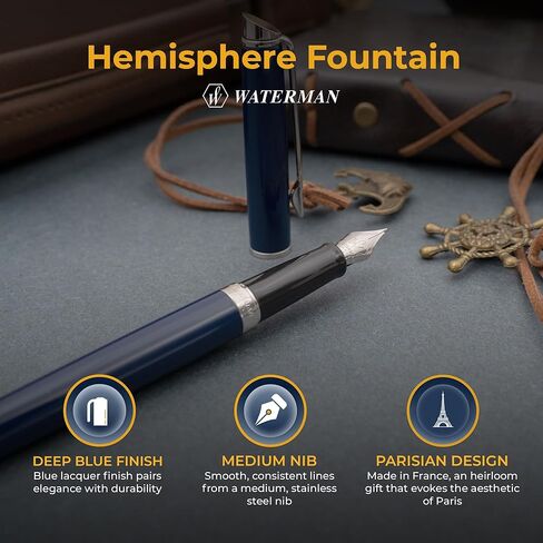 Waterman Hemisphere Engraved Fountain Pen, Blue Lacquer with Chrome Trim, Stainless Steel Medium Nib, Personalized Gift, Case Included, Graduation, Retirement, Career Advancement, Gift Box in Saudi Arabia