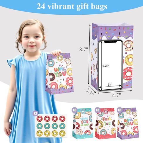 VGOODALL 24PCS Donut Party Favor Bags, Paper Gift Bags Goodie Bags with Stickers Candy Bags for Kids Birthday Party in Saudi Arabia