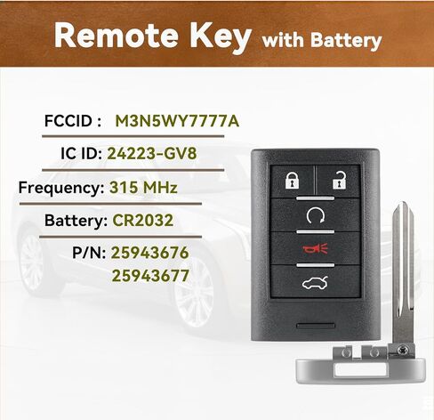 2PCS Smart Remote Key Fob Replacement for Cadillac CTS 2008 2009 2010 2011 2012 2013 2014 STS 2008-2011 Keyless Entry Remote Control M3N5WY7777A 5 Buttons in Saudi Arabia