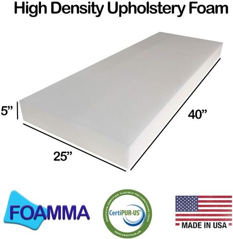 Foamma 5" x 25" x 40" High Density Upholstery Foam Cushion (Seat Replacement, Upholstery Sheet, Foam Padding) Made in USA in Kuwait