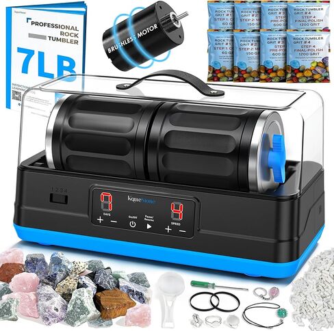 KomeStone Ultra Quiet Brushless Rock Tumbler Kit – 7LB Dual Barrel Polisher with Noise-Canceling Cover, Complete Gemstone & Jewelry STEM Set for Adults & Gift in Kuwait