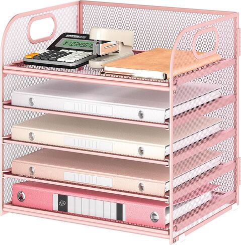 5 Tray Paper Organizer Letter Tray with Handle - Mesh Desk File Organizer, Paper Sorter Organizer for Office, Home or School File Folder Holder - Pink in Saudi Arabia
