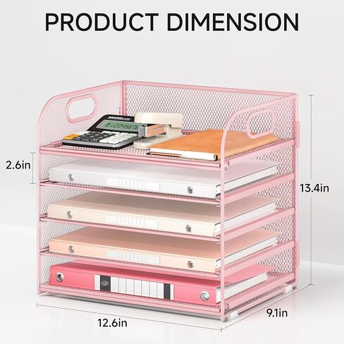 5 Tray Paper Organizer Letter Tray with Handle - Mesh Desk File Organizer, Paper Sorter Organizer for Office, Home or School File Folder Holder - Pink in Saudi Arabia