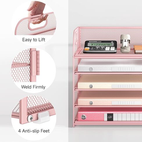 5 Tray Paper Organizer Letter Tray with Handle - Mesh Desk File Organizer, Paper Sorter Organizer for Office, Home or School File Folder Holder - Pink in Saudi Arabia