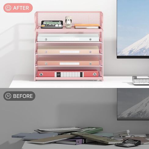 5 Tray Paper Organizer Letter Tray with Handle - Mesh Desk File Organizer, Paper Sorter Organizer for Office, Home or School File Folder Holder - Pink in Saudi Arabia