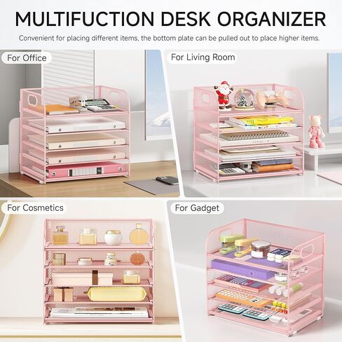 5 Tray Paper Organizer Letter Tray with Handle - Mesh Desk File Organizer, Paper Sorter Organizer for Office, Home or School File Folder Holder - Pink in Saudi Arabia