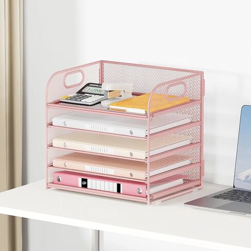 5 Tray Paper Organizer Letter Tray with Handle - Mesh Desk File Organizer, Paper Sorter Organizer for Office, Home or School File Folder Holder - Pink in Saudi Arabia