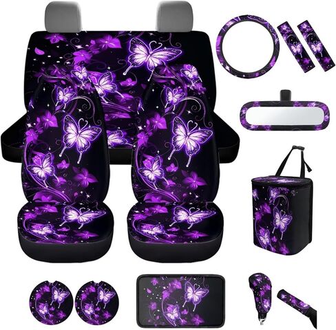 Women Galaxy Butterfly Car Accessories Interior Set 14 Pcs Purple Butterfly Car Seat Cover Full Set with Steering Wheel Cover Front Side Mirror Covers Thin Armrest Pads Coasters Universal in Kuwait