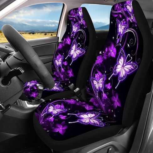 Women Galaxy Butterfly Car Accessories Interior Set 14 Pcs Purple Butterfly Car Seat Cover Full Set with Steering Wheel Cover Front Side Mirror Covers Thin Armrest Pads Coasters Universal in Kuwait