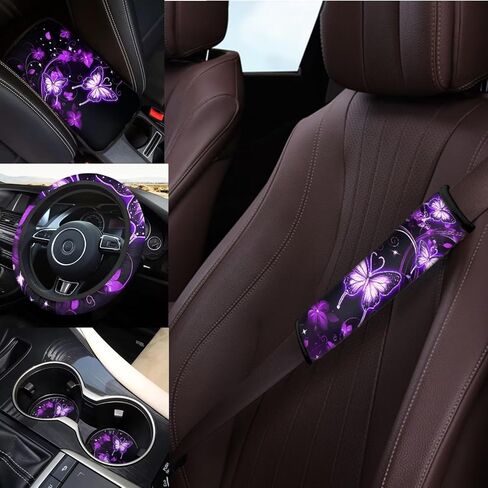 Women Galaxy Butterfly Car Accessories Interior Set 14 Pcs Purple Butterfly Car Seat Cover Full Set with Steering Wheel Cover Front Side Mirror Covers Thin Armrest Pads Coasters Universal in Kuwait
