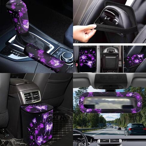 Women Galaxy Butterfly Car Accessories Interior Set 14 Pcs Purple Butterfly Car Seat Cover Full Set with Steering Wheel Cover Front Side Mirror Covers Thin Armrest Pads Coasters Universal in Kuwait