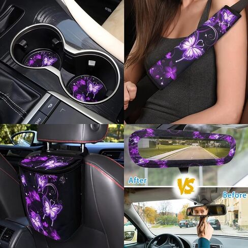 Women Galaxy Butterfly Car Accessories Interior Set 14 Pcs Purple Butterfly Car Seat Cover Full Set with Steering Wheel Cover Front Side Mirror Covers Thin Armrest Pads Coasters Universal in Kuwait