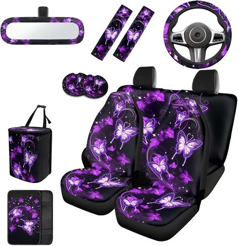 Women Galaxy Butterfly Car Accessories Interior Set 14 Pcs Purple Butterfly Car Seat Cover Full Set with Steering Wheel Cover Front Side Mirror Covers Thin Armrest Pads Coasters Universal in Kuwait