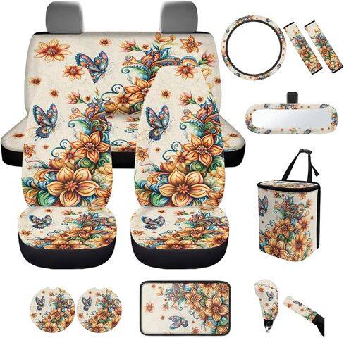 Women Galaxy Butterfly Car Accessories Interior Set 14 Pcs Purple Butterfly Car Seat Cover Full Set with Steering Wheel Cover Front Side Mirror Covers Thin Armrest Pads Coasters Universal in Kuwait