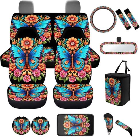 Women Galaxy Butterfly Car Accessories Interior Set 14 Pcs Purple Butterfly Car Seat Cover Full Set with Steering Wheel Cover Front Side Mirror Covers Thin Armrest Pads Coasters Universal in Kuwait