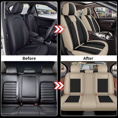 أغطية مقاعد السيارة IKABEVEM مجموعة كاملة تناسب Honda HRV 2016-2025 2026: 5 ملحقات داخلية للسيارات، غطاء وسائد مقعد السيارة من الجلد الصناعي المقاوم للماء (بيج وأسود) in Kuwait