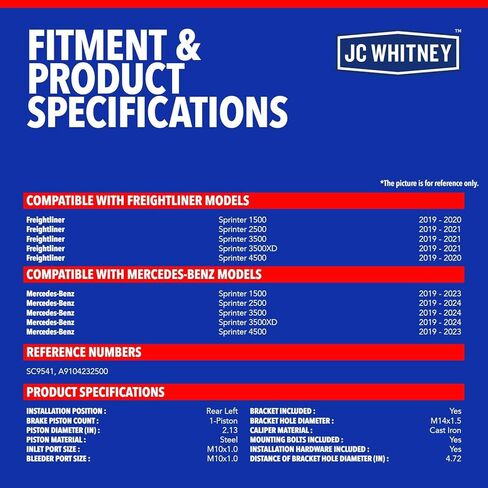 JC Whitney JFBAJCWBC00223 Rear Left Brake Caliper - Compatible with Mercedes-Benz Sprinter 1500 4500 19-23, 2500 3500 3500XD 19-24, Freightliner Sprinter 1500 4500 19-20, 2500 3500 3500XD 19-21 in Kuwait