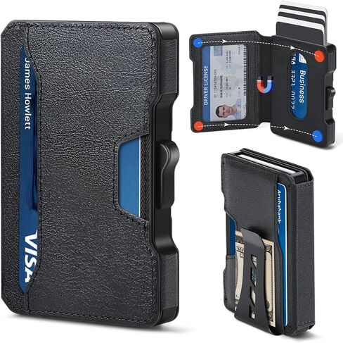 Slim Wallet for Men - Minimalist Mens Wallet with Money Clip, Aluminum Pop Up Card Case and Leather Slots Credit Card Holder RFID Blocking Wallet for Men with Gift Box in Saudi Arabia