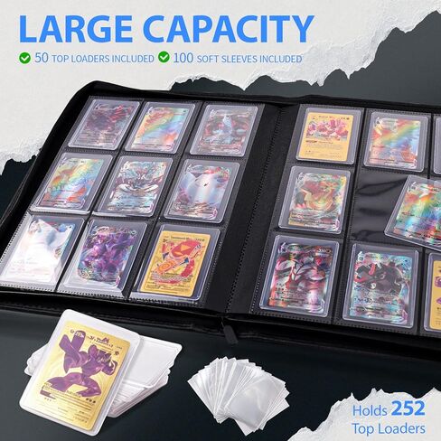 Top Loader Binder, 9 Pocket Holds 252 Toploaders, Includes 50 Top Loaders & 100 Sleeves, Side Loading Zipper Card Binder for Trading Card Storage & Protection in Saudi Arabia