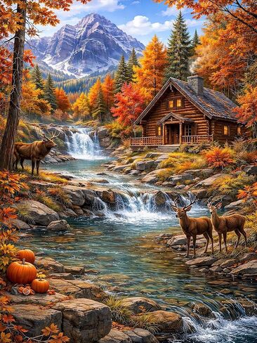 Puzzles for Adults 1000 Pieces, Autumn Mountain Cabin Jigsaw Puzzle, Scenic Fall Forest Waterfall & Deer Colorful Nature Landscape Puzzle with Poster, Challenging Puzzles for Game Night in Saudi Arabia