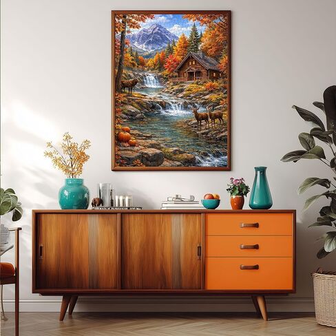 Puzzles for Adults 1000 Pieces, Autumn Mountain Cabin Jigsaw Puzzle, Scenic Fall Forest Waterfall & Deer Colorful Nature Landscape Puzzle with Poster, Challenging Puzzles for Game Night in Saudi Arabia