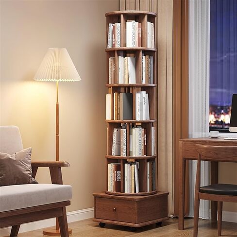 Bookshelf Rotating Bookshelf, 360-degree Bookcase, Household Book Storage Shelf, Solid Wood Movable Floor for Living Room Home Office in Saudi Arabia