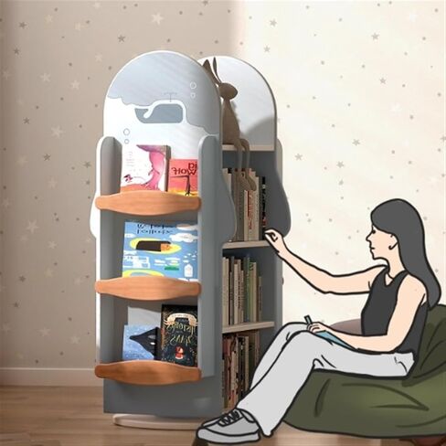 Bookshelf Whale Solid Wood Rotating Bookshelf, 360 Degree Bookcase, Household Vertical Picture Book Shelf Reading Area for Living Room Home Office in Saudi Arabia