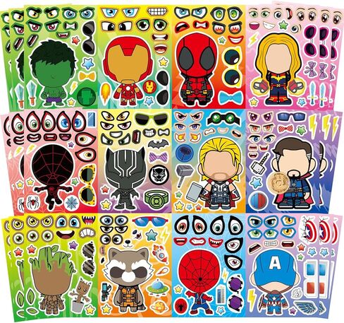 36 Pieces Make-a-face Stickers Pack, Heroes Make Your Own Stickers, Mixed & Matched with 12 Designed Characters(3 of Each) for Party Decoration, Reward, Decor 638 in Saudi Arabia