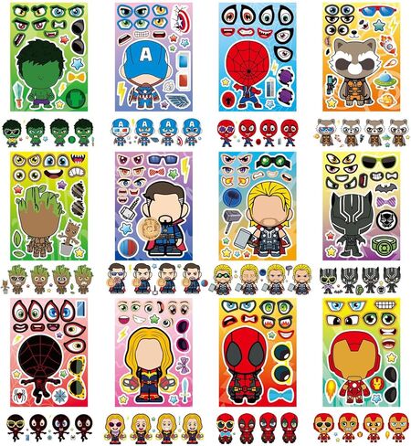 36 Pieces Make-a-face Stickers Pack, Heroes Make Your Own Stickers, Mixed & Matched with 12 Designed Characters(3 of Each) for Party Decoration, Reward, Decor 638 in Saudi Arabia