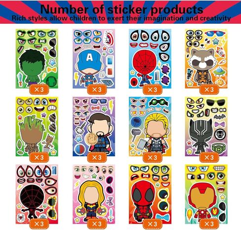 36 Pieces Make-a-face Stickers Pack, Heroes Make Your Own Stickers, Mixed & Matched with 12 Designed Characters(3 of Each) for Party Decoration, Reward, Decor 638 in Saudi Arabia