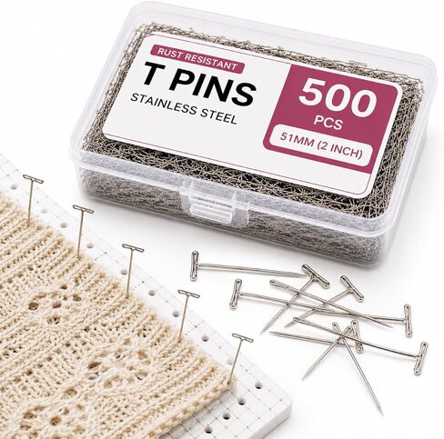 500PCS T Pins for Blocking Knitting, 2 Inch 51MM Stainless Steel T Pins with Storage Box, Rust Resistant Long T Pin for Quilting, Crochet Blocking, Sewing, Floral & Thick Fabric in Saudi Arabia