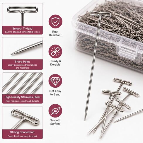 500PCS T Pins for Blocking Knitting, 2 Inch 51MM Stainless Steel T Pins with Storage Box, Rust Resistant Long T Pin for Quilting, Crochet Blocking, Sewing, Floral & Thick Fabric in Saudi Arabia