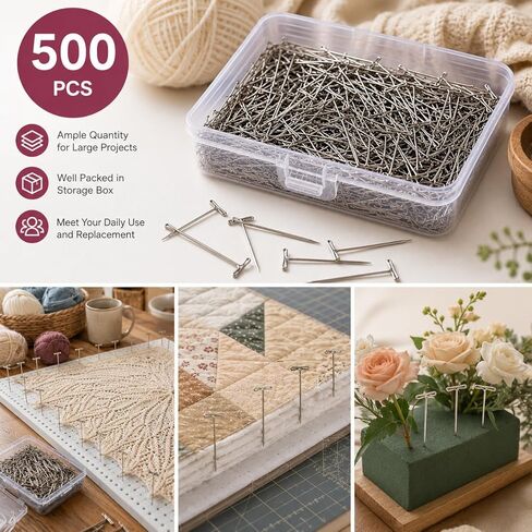 500PCS T Pins for Blocking Knitting, 2 Inch 51MM Stainless Steel T Pins with Storage Box, Rust Resistant Long T Pin for Quilting, Crochet Blocking, Sewing, Floral & Thick Fabric in Saudi Arabia