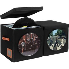 Qozary Vinyl Record Storage Box with Display Window for Album Covers, 2 Pack Record Organizer Crate with Lid, Collapsible LP Storage Box, Label Slot & Leather Handles, Holds Over 100 Vinyl Albums in Saudi Arabia